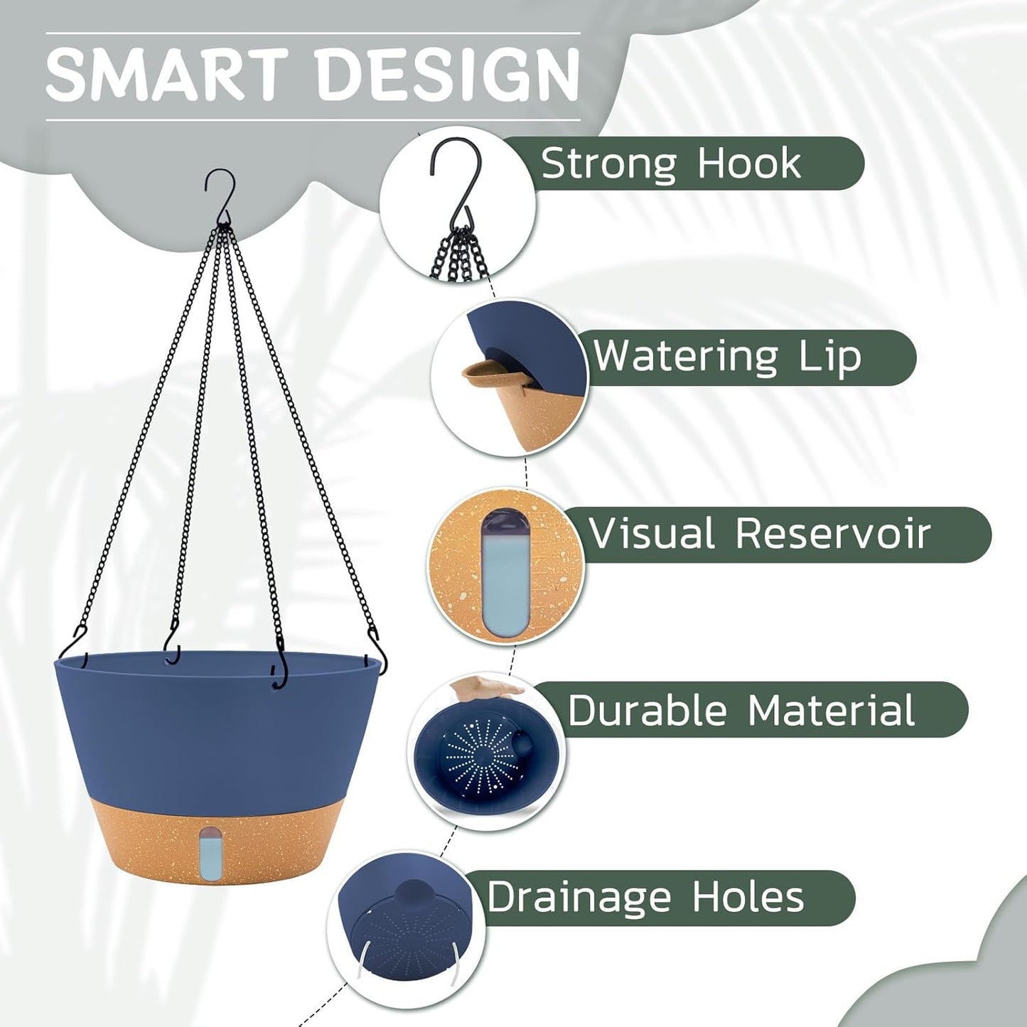 ZMTECH 12 Inch Large Hanging planters for Indoor, 2 Pack Self Watering Plant Pot for Outdoor Garden Porch, Hanging Flower Pot with Visible Water Level & Removable Tray(12Inch, Blue)