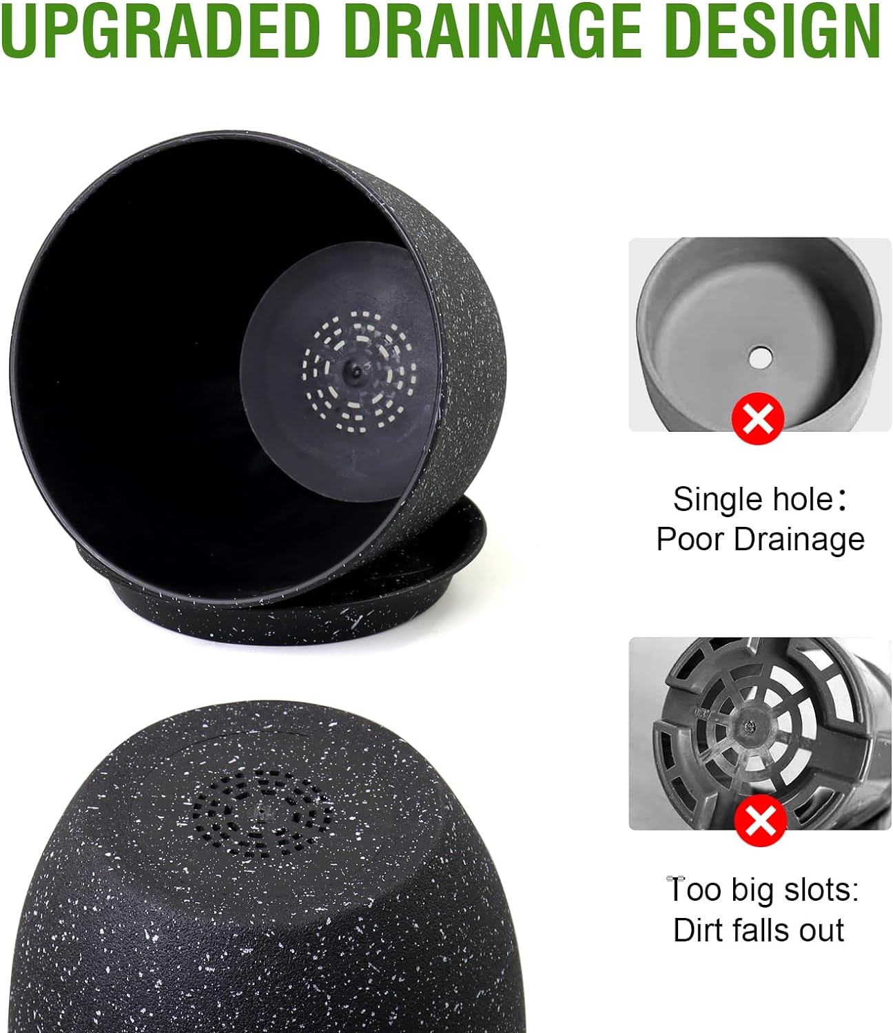 Large Flower Pots 12/10/9 inch, Set of 3 Modern Decorative Plastic Planters with Drainage Holes and Saucers for Garden House Plants, Plant Pots for Indoor Outdoor Plants, Speckled White