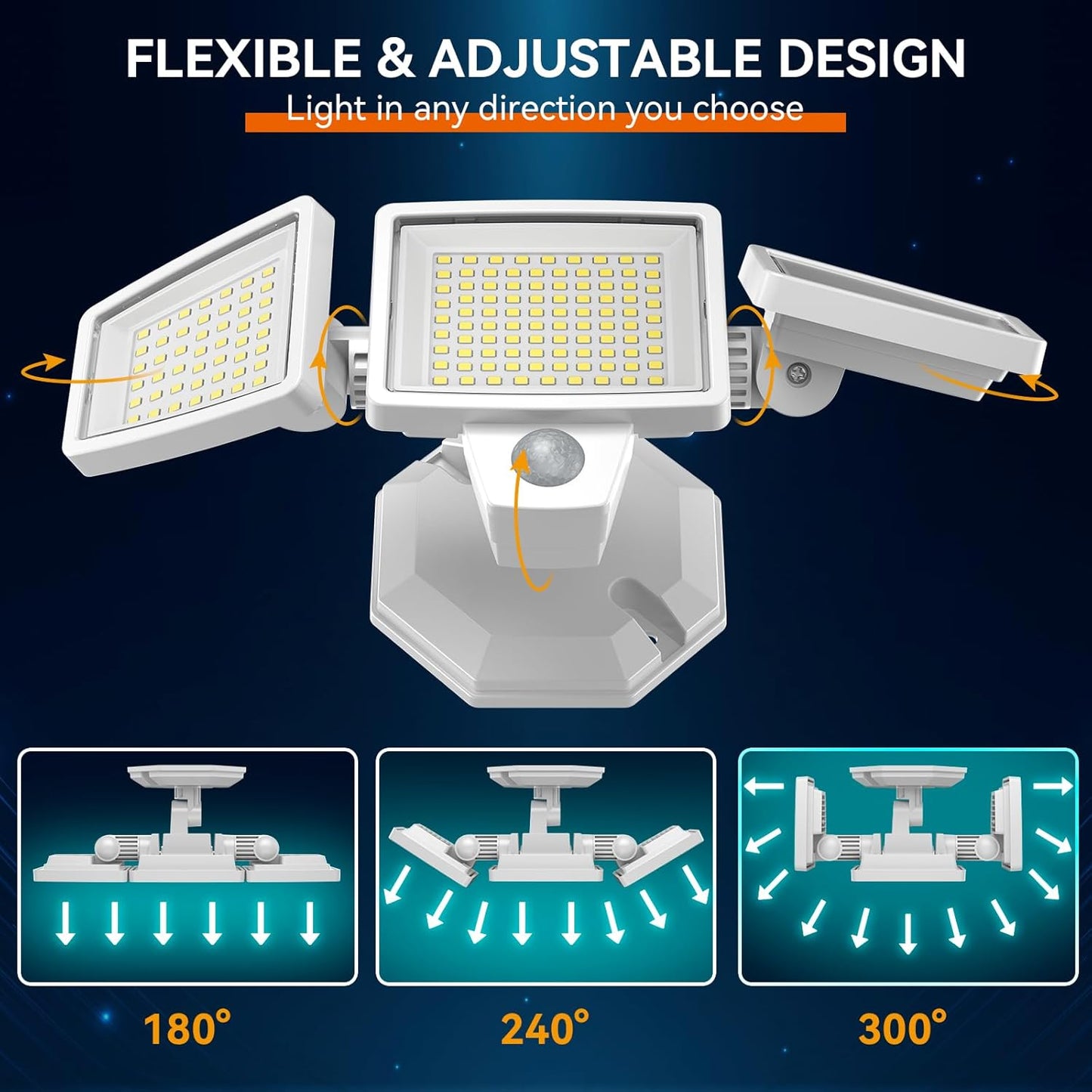 65W LED Flood Light Outdoor, 6500LM, Waterproof, 6500K Motion Sensor Flood Lights Outdoor with Adjustable 3 Head Detected Floodlight for Outside Entryway Garage, Yard, Porch, White