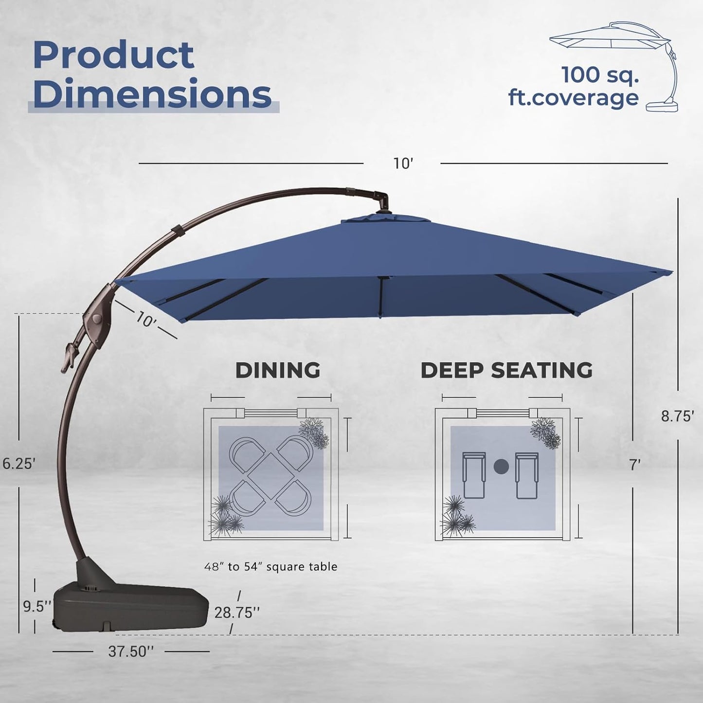 Grand patio 10x10 FT Patio Cantilever Umbrella with Base Outdoor Large Square Tilting Offset Umbrellas for Poolside Deck (Navy Blue, 10x10 FT)