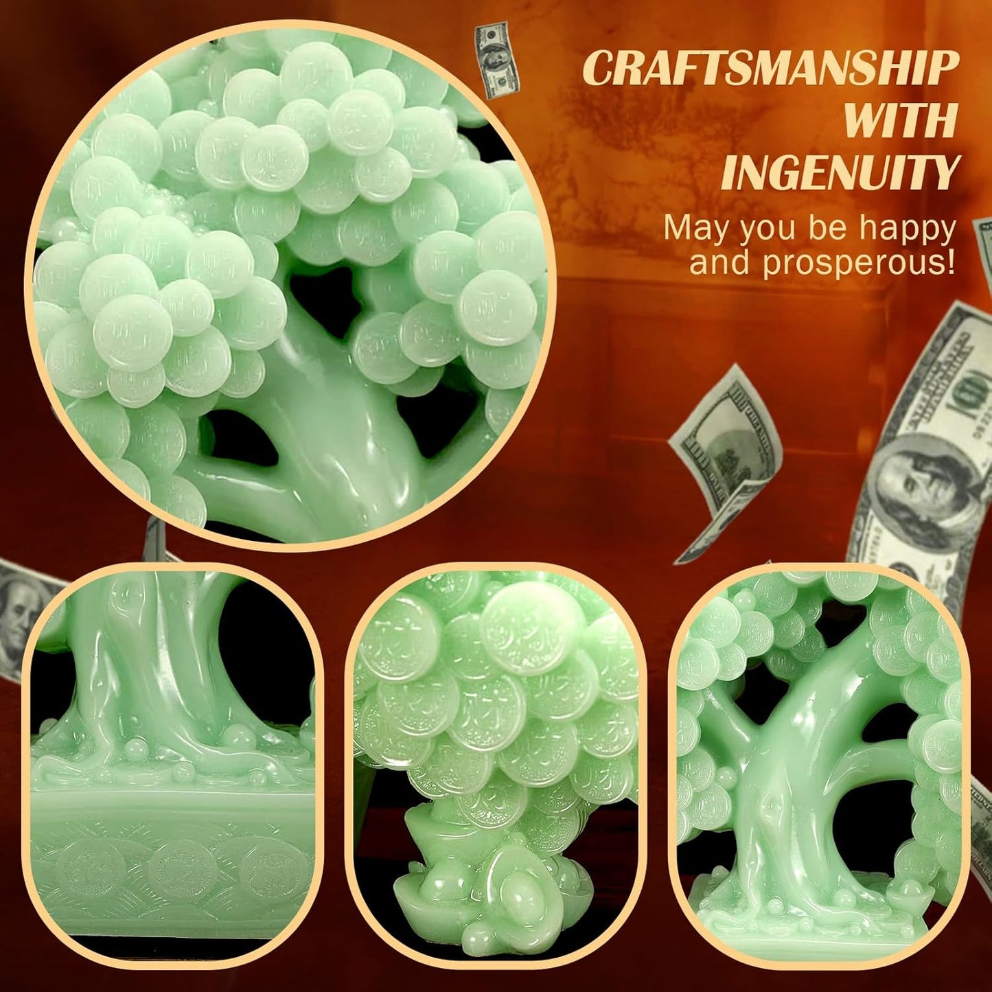 Top Resin Money Tree, Artificial Bonsai Tree, Handcrafted, Premium Quality, Feng Shui Gift for Abundance Luck and Success (Green)