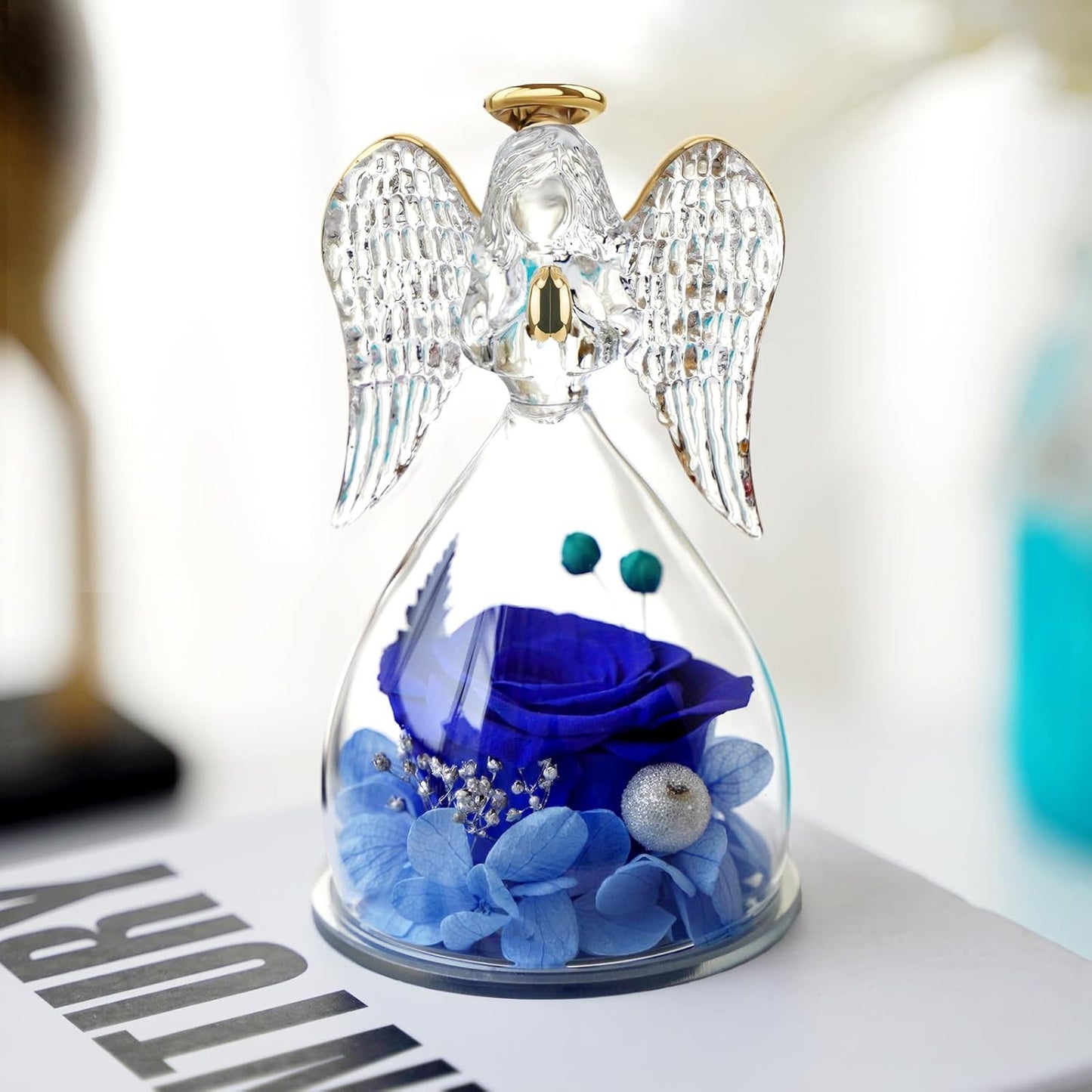 Yamonic Mom Birthday Gifts for Mom, Angel Figurines with Real Rose Gifts for Her Mom Grandma,Preserved Flowers Rose Angel Figurines for Mothers Day Christmas Anniversary Birthday Gifts for Her (Blue)