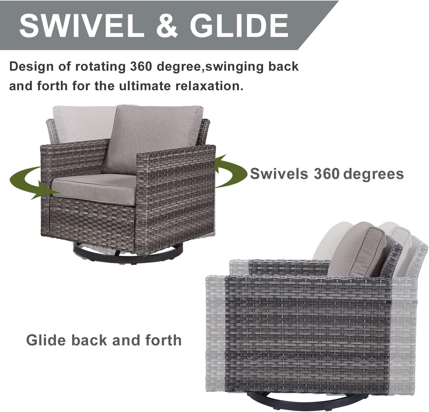 HUMMUH Patio Swivel Chairs Set of 2,PE Wicker Outdoor Rocker Chairs Bistro Set Porch Balcony Furniture with Cushions