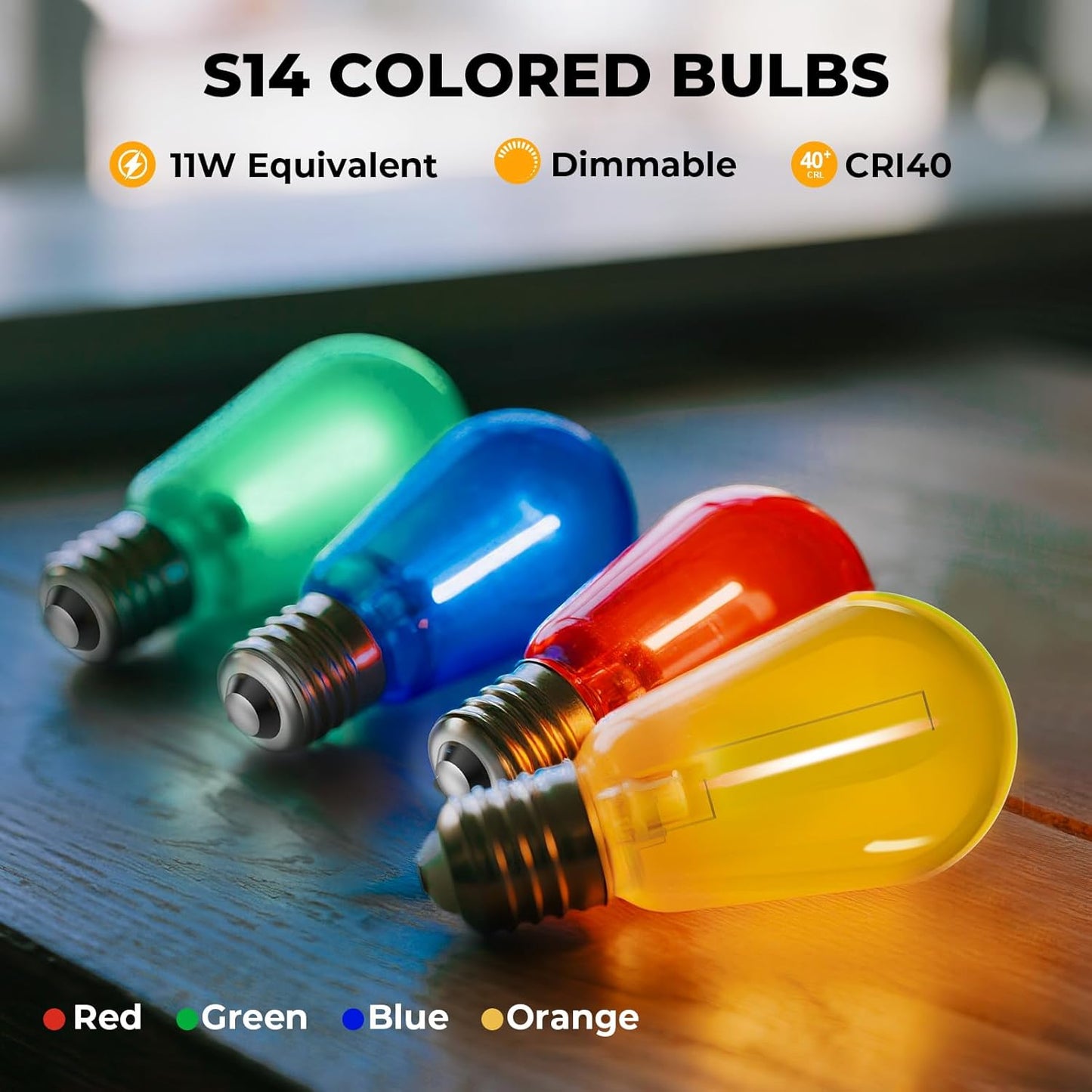36 Pack LED S14 Colored Light Bulbs for Outdoor String Lights, Shatterproof 1W Replacement Bulbs for Party Lights, 2200K Warm White, Dimmable, E26 Base, Multi-Color: Red/Green/Blue/Orange
