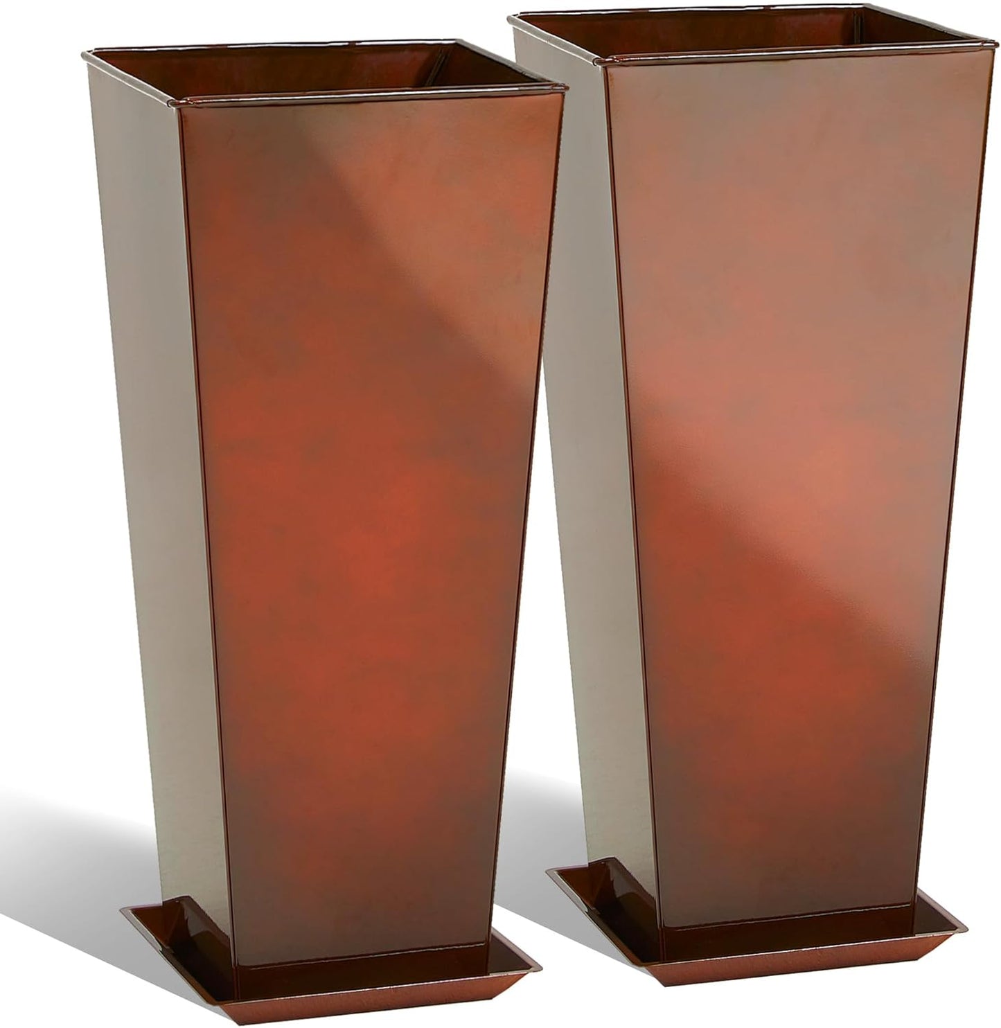 KOL 28''H. Tall Galvanized Steel Glazed Planter with Saucer, Set of 2, Planter Pots with Insert for Indoor & Outdoor Use, Decorative Flower Plant Pots for Front Porch, Patio, Deck - Reddish Brown