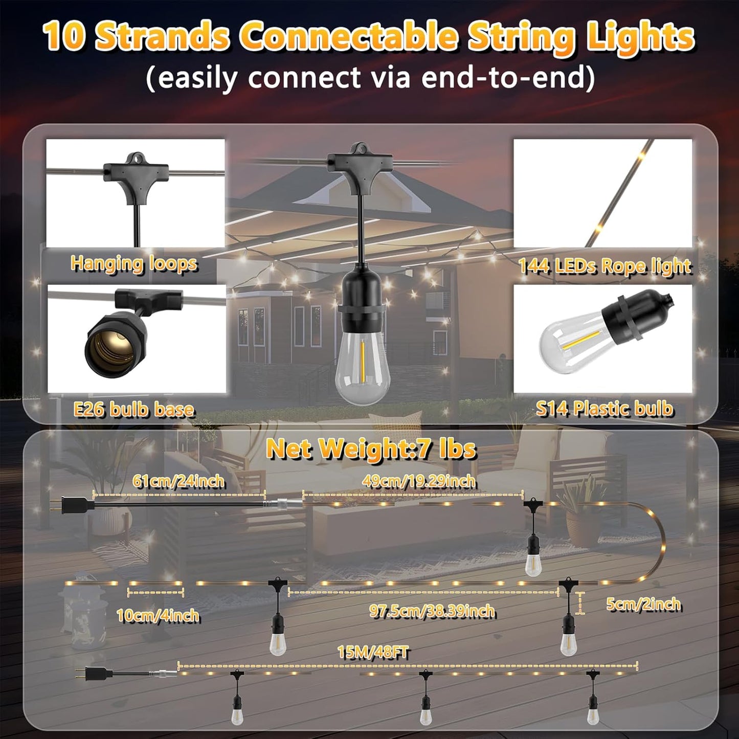 Outdoor String Fairy Lights, 24ft Dimmable Patio Lights with 12+1 S14 Retro Edison Bulbs & 72 Fairy Rope, IP65 Waterproof, LED Outside Hanging Light for Backyard Gazebo Bistro, 10 Strands Connectable