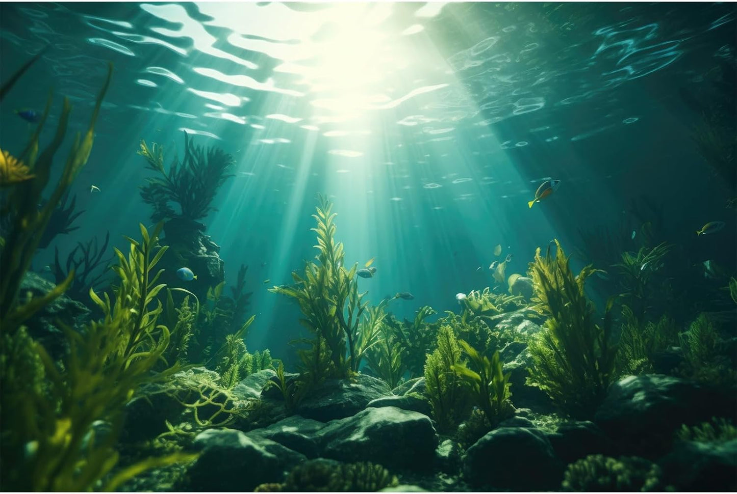 Ocean Aquarium Background Aquatic Plants with Rocks Terrarium Backdrop Sunlight Rays Deep Sea Fish Tank Background Aquarium Wallpaper Poster Decor Vinyl 72x24in