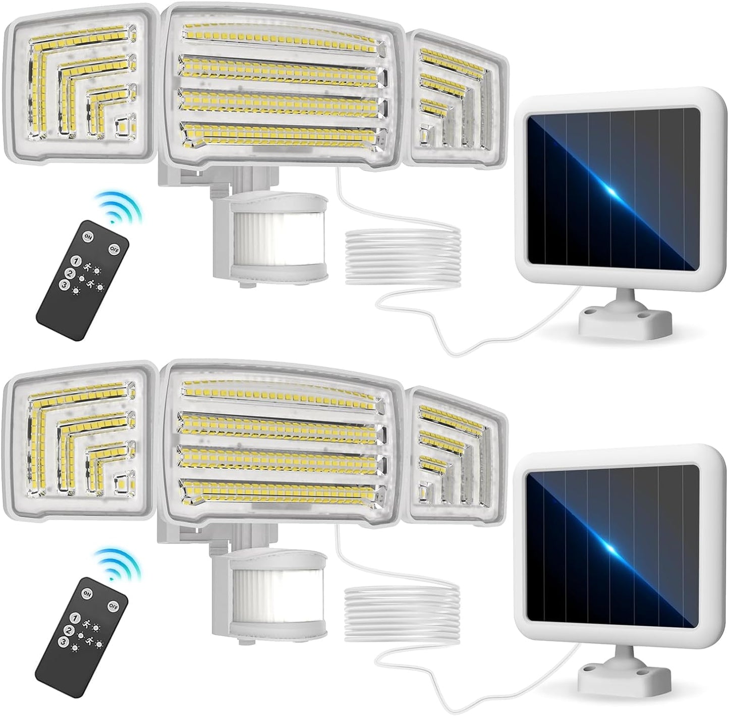 Energetic Solar Outdoor Lights, 1800LM 150 LED Security Motion Sensor Outdoor Lights with Remote Control, IP65 Waterproof Floodlight, 3 Head Motion Detected Spotlight for Garage, Pack of 2 (White)