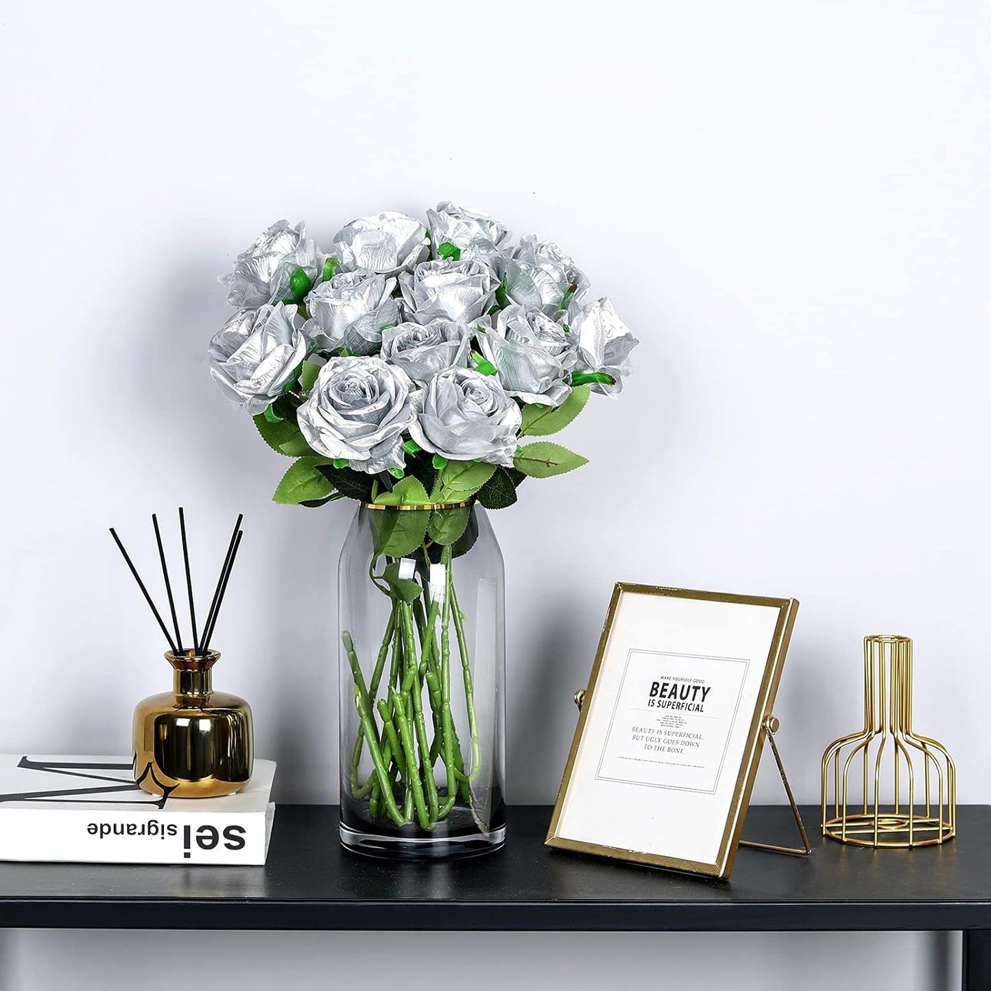 Hawesome 12PCS Artificial Silk Flowers Realistic Roses Bouquet Long Stem for Home Wedding Decoration Party (Silver 1)