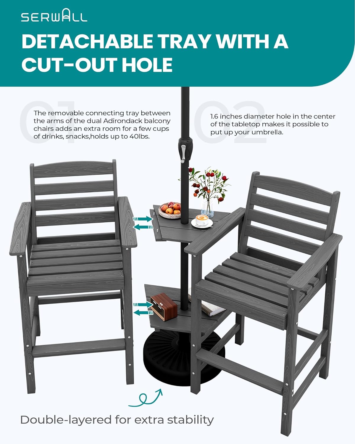 SERWALL Tall Adirondack Chairs Set of 2 with Connecting Table, Grey