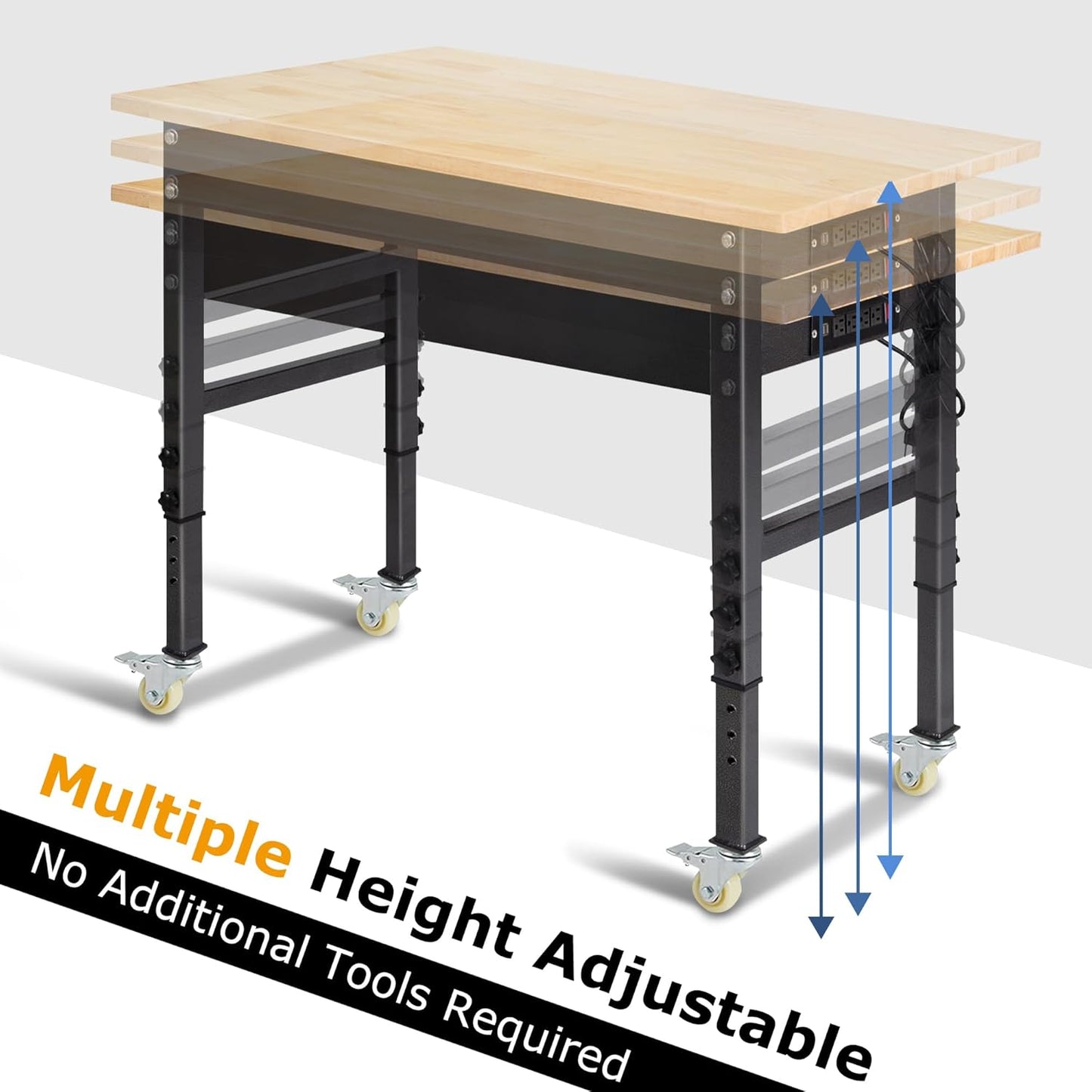 48" Adjustable Work Bench, Rubber Wood Top Workbench Heavy-Duty Work Table with Power Outlet,workbenches Wheels, 2000 LBS Load Capacity Hardwood Work Benches for Garage, Workshop, Home, Office