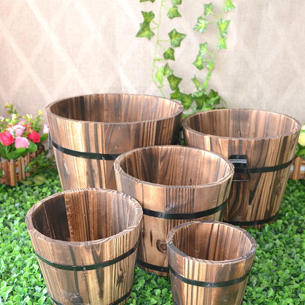 Wooden Whiskey Barrel Planter Garden Flower Pot Decor Plant Container Box Brown (Small)