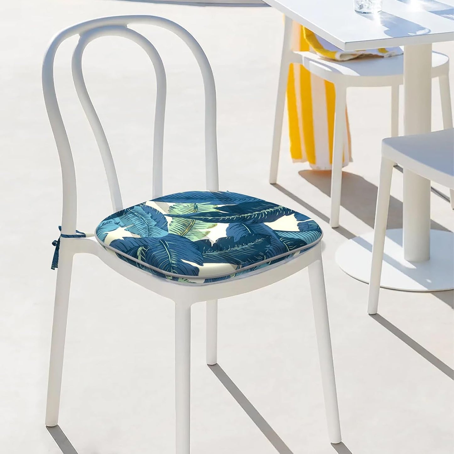 Indoor/Outdoor Chair Cushions 16x17 Inch, Patio Chair Cushions with Ties, All Weather Seat Cushions for Patio Furniture Home Garden Chair Use, Set of 4, Swaying Palms Blue