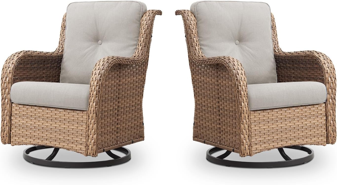 Outdoor Swivel Rocker Patio Chairs - 360 Degree Swivel Glider Seating 350LBS Weight Capacity Wicker Rocking Chairs Set of 2 with Removable Cushion for Porch Balcony Deck, Yellow/Beige