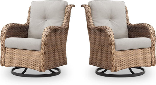 Outdoor Swivel Rocker Patio Chairs - 360 Degree Swivel Glider Seating 350LBS Weight Capacity Wicker Rocking Chairs Set of 2 with Removable Cushion for Porch Balcony Deck, Yellow/Beige
