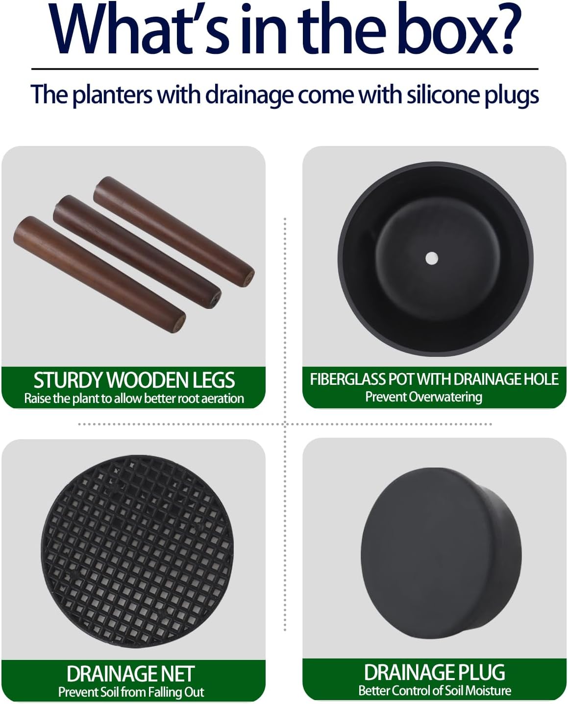 12 Inches Plant Pots with Stand Mid Century Flower Pots with Wood Legs Large Mode Cylinder Planter with Drainage Holes for Indoor Plants,Garden,Decorative-Grey