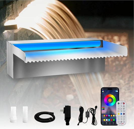 Pool Waterfall Spillway Stainless Steel Koi Pond Fountain, APP Control LED Lighted Waterfalls Kit, Outdoor Water Flow Fountains for Garden Swimming Pool Decoration-11.8"x7.8"x3.9"