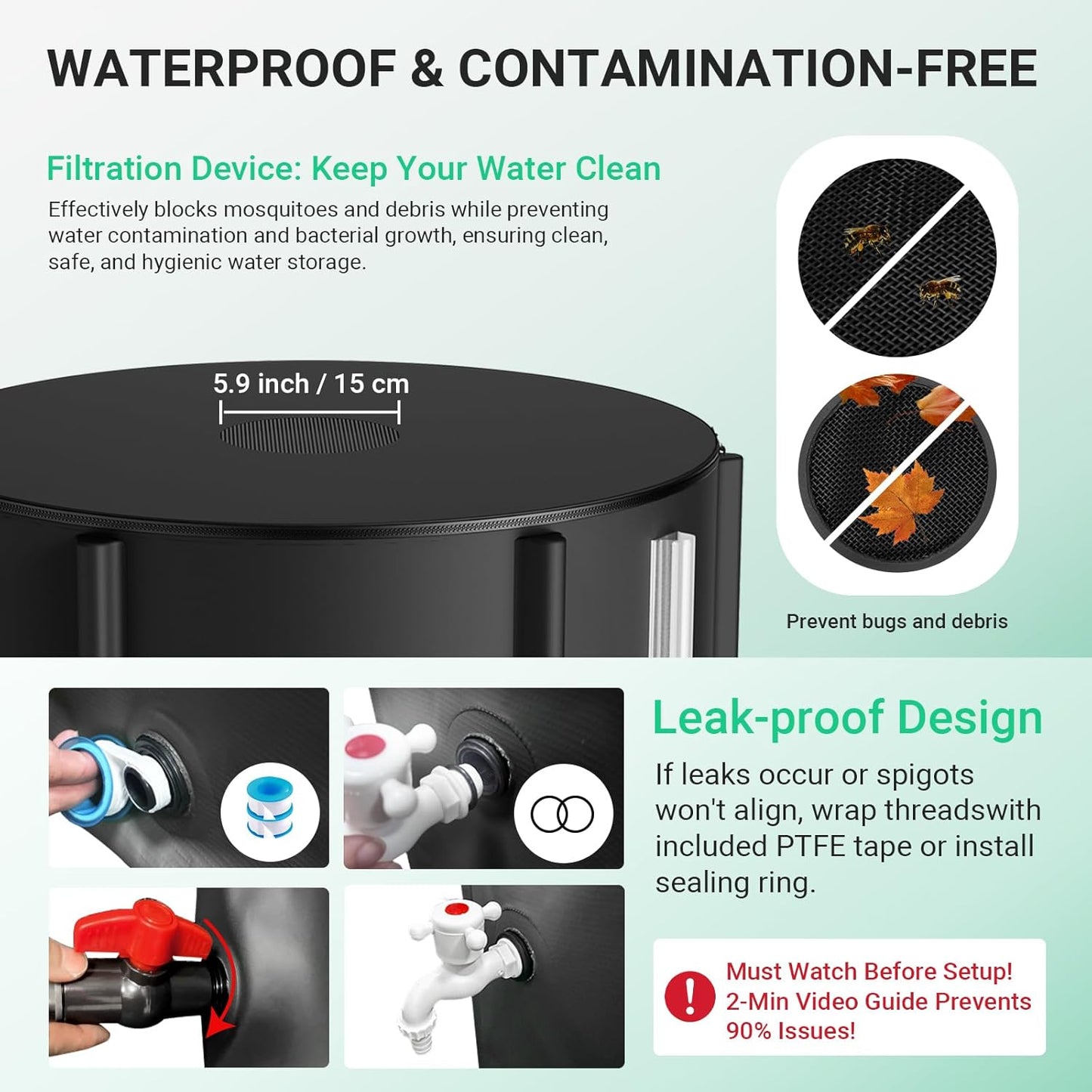 SKM Collapsible Rain Barrel, 53 Gallon Portable Rain Water Collection Barrel for Garden/Outside/Lawn, PVC Rainwater Collection System Water Tank Storage Container with Spigots & Overflow Kit, Black