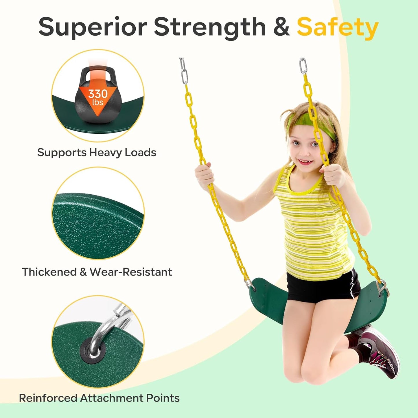 Decorlife 2 Pack Outdoor Swings Seats with 66" Rust-Resistant Heavy Duty Chain, Playground Swing Set Accessories Replacement Anti-Slip Seats, Backyard Swing Support 330lb for Kids or Adults (Green)