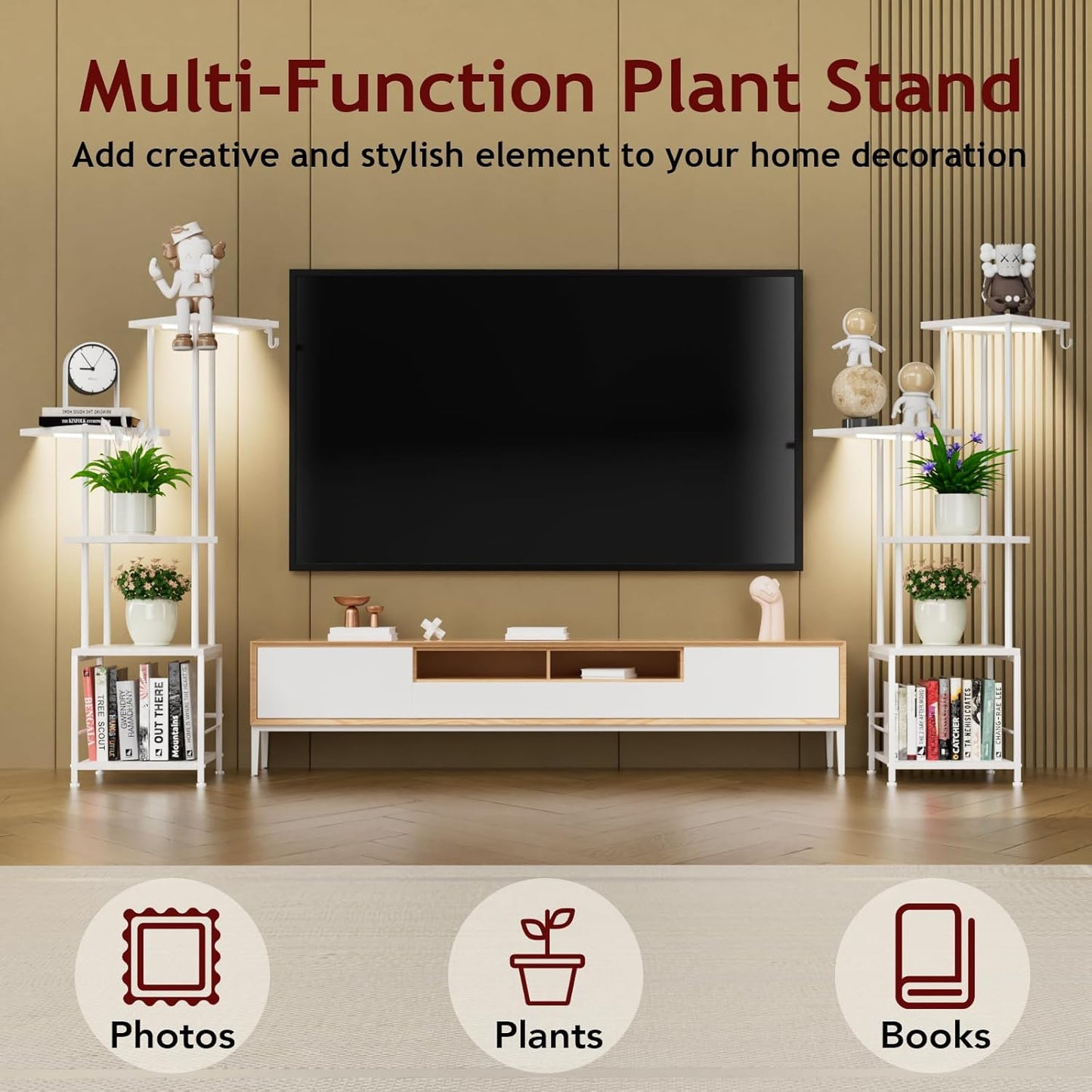 Plant Stand Indoor with Grow Light, 5-Tiered Tall Plant Stand Indoor, Metal Plant Shelf with Hanging Basket Hook and Adjustable Light, Ideal for Living Room, Garden, (2 Patio white)