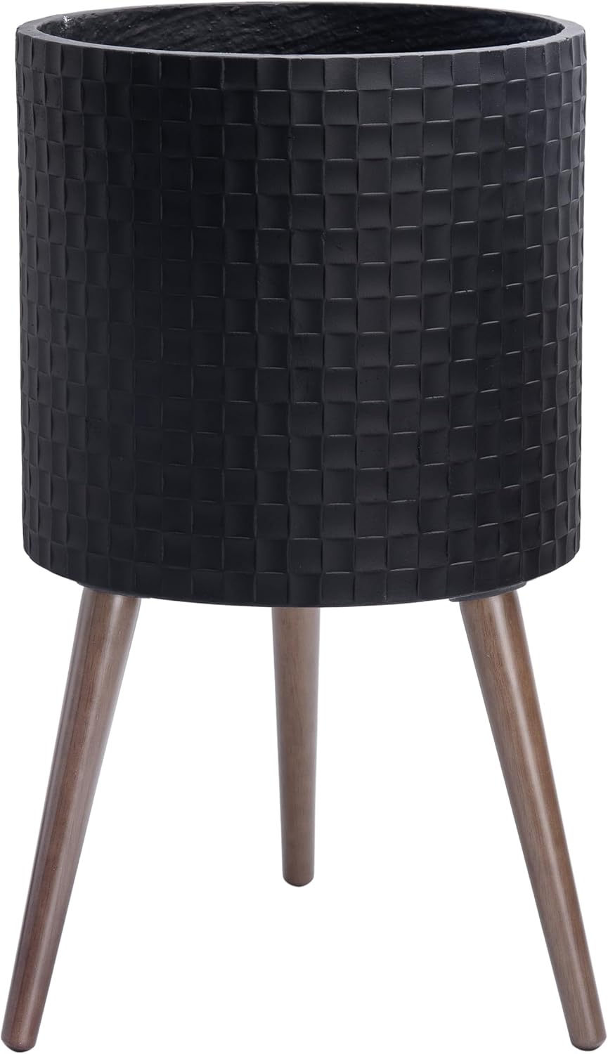 D'vine Dev 14 Inch Modern Geometric Tile Patterned Sleek Planter Pot with Stand, Indoor Outdoor Decorative Plant Holder, Matte Black, 88-Z-D-2