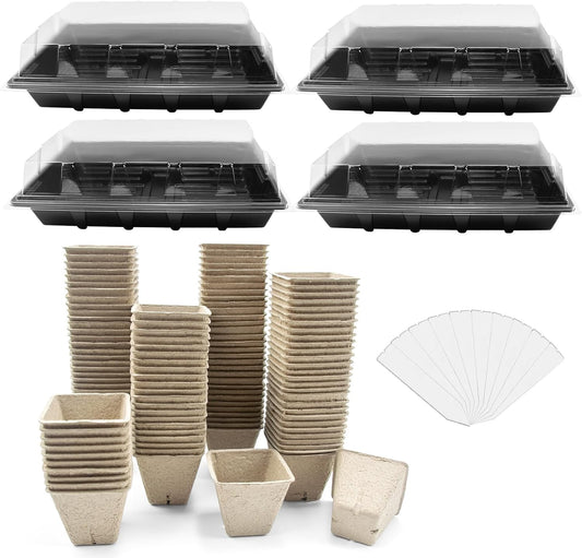 JOPY 4 Pack Seed Starter Tray Kit for Indoor Outdoor Garden Seeding Plastic Germination Trays with 120 Square Seed Peat Pots for Plant Growing