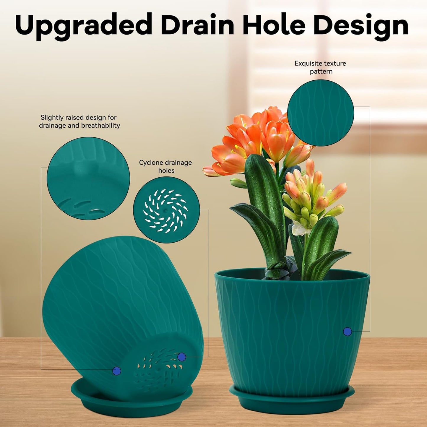 Plant Pots – 6 Inch Planters with Drainage Holes and Saucers, Flower Pots for Indoor and Outdoor Plants, Nursery Planting Pots (Pack of 5, Teal)