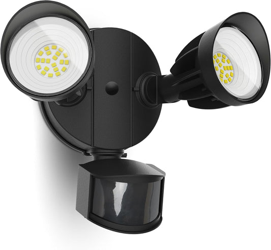 UME LED Security Light Motion Sensor Outdoor Lights, 27W 3000LM, 5000K, IP65 Waterproof, Dusk to Dawn, 2 Head Motion Detector Flood Light for Outside, Garage, Yard (Black)
