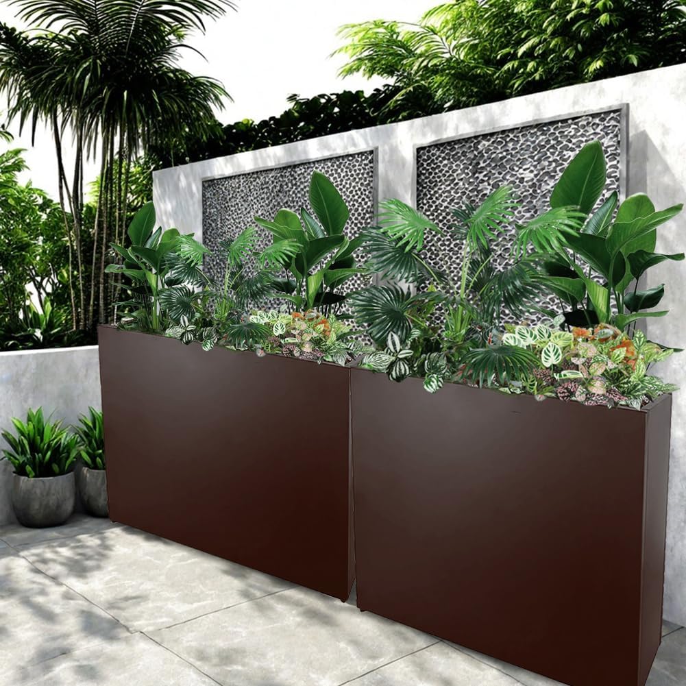 Metal Tall Long Planter Box Large Rectangular Planter Flower Pot with Drainage Holes for Indoor Outdoor Deck Porch Garden Home Patio Front Door (Espresso, L)