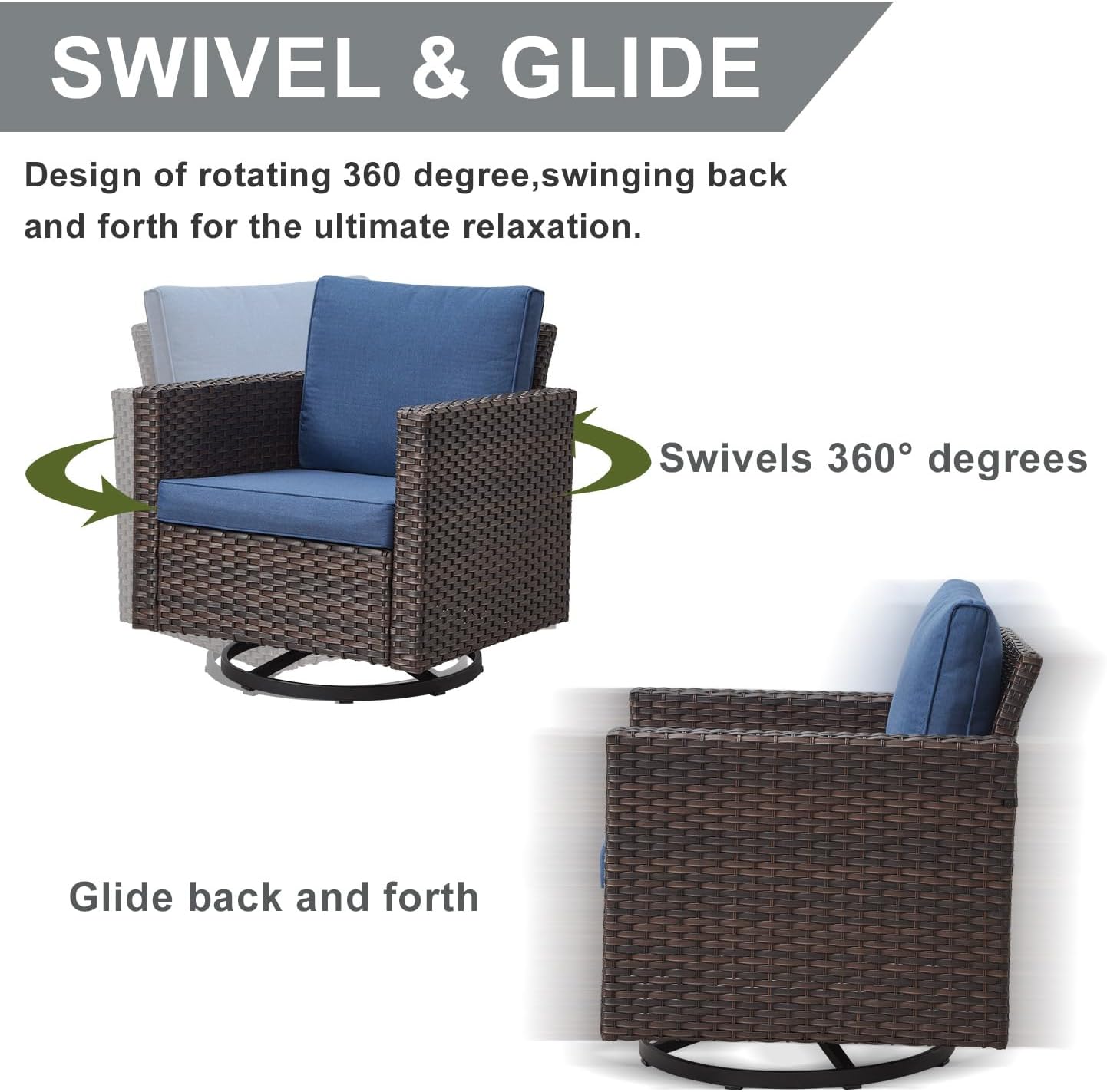 HUMMUH Patio Swivel Chairs Set of 2,PE Wicker Outdoor Rocker Chairs Bistro Set Porch Balcony Furniture with Cushions