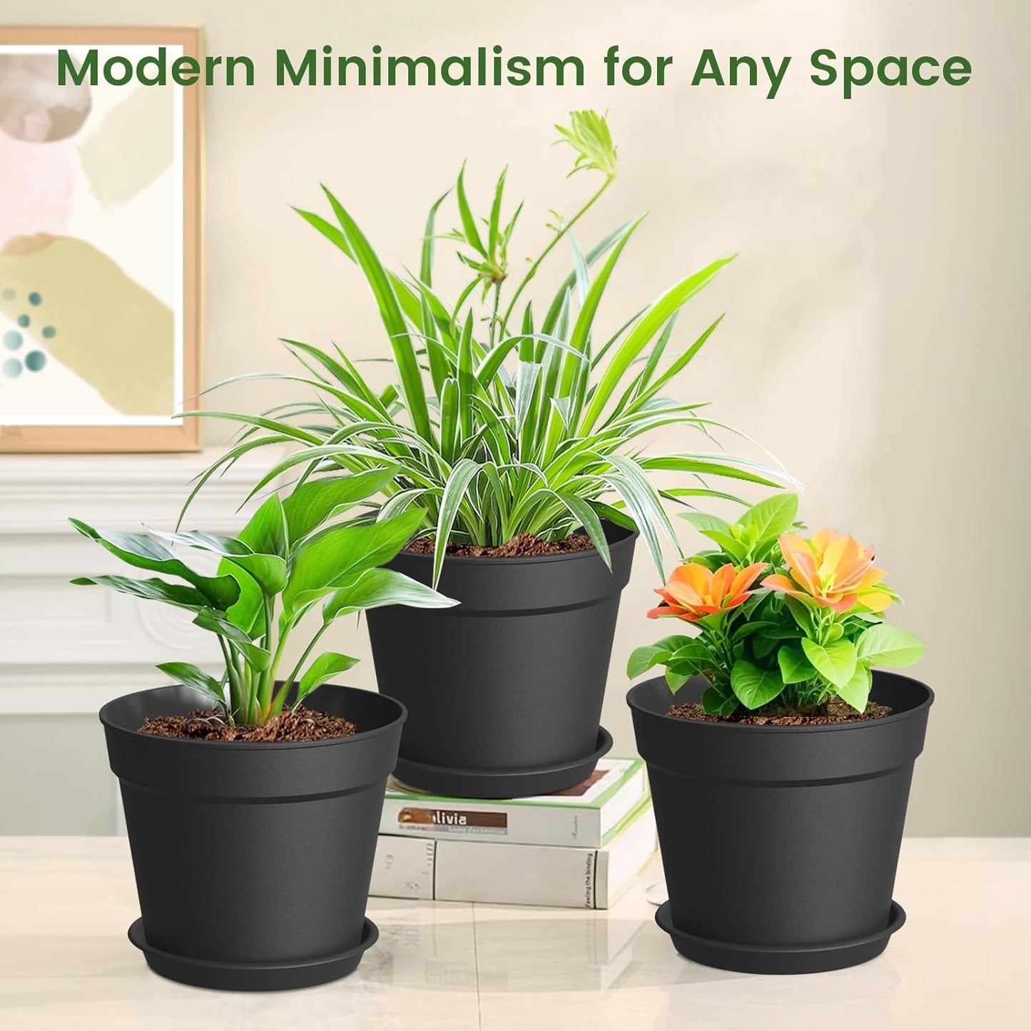 20 Pack 6 Inch Plant Pots with Drainage and Saucers, Black Plastic Flower Pots for Indoor and Outdoor Plants, Stackable Nursery Planters for Houseplants and Herbs, Black