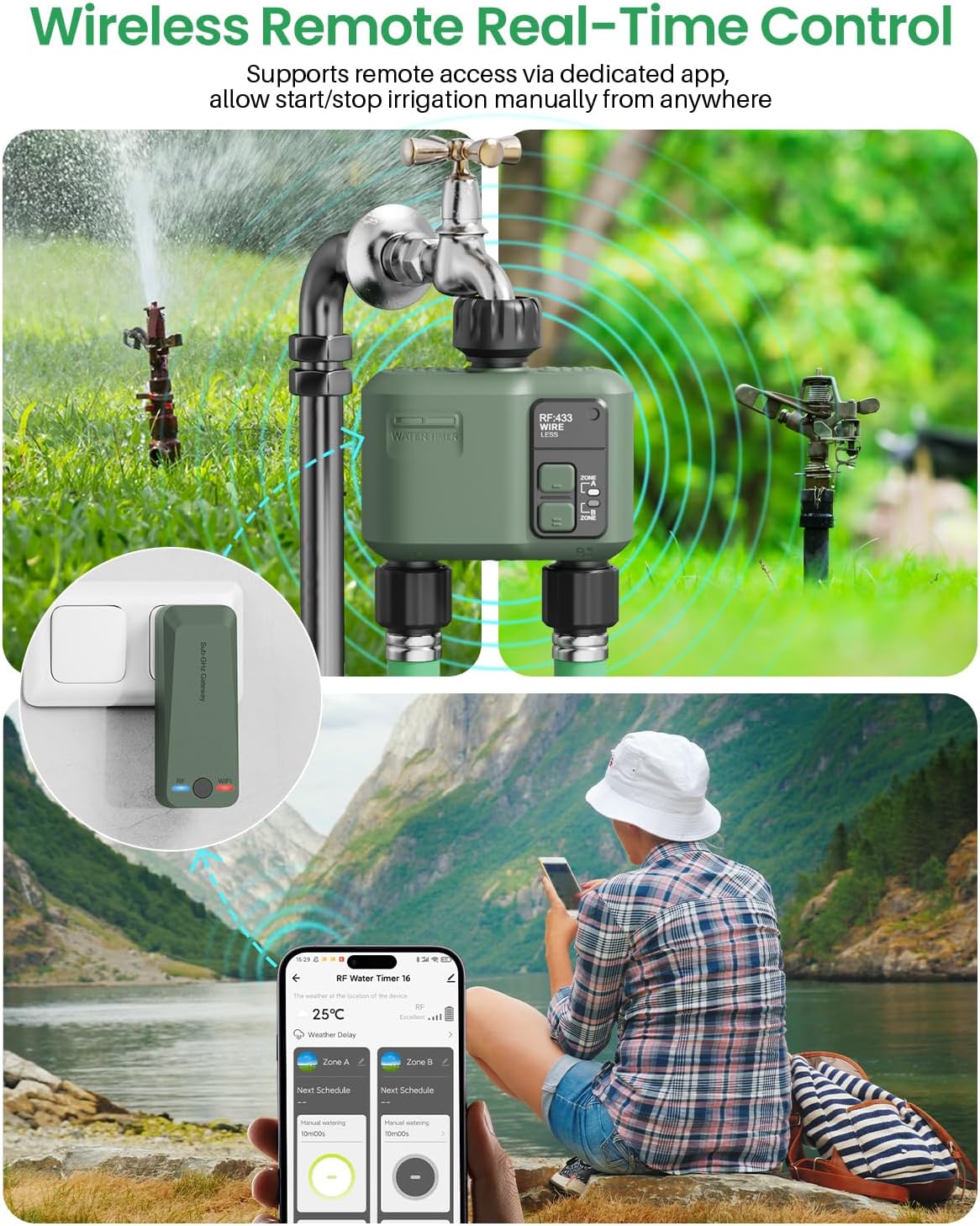 WiFi Water Timer 2 Zone for Garden Hose, Smart Sprinkler Timer with 984ft RF Range, Smart Lawn Watering System Irrigation Controller, APP/Voice Control, Rain Delay, Automatic/Manual Irrigation