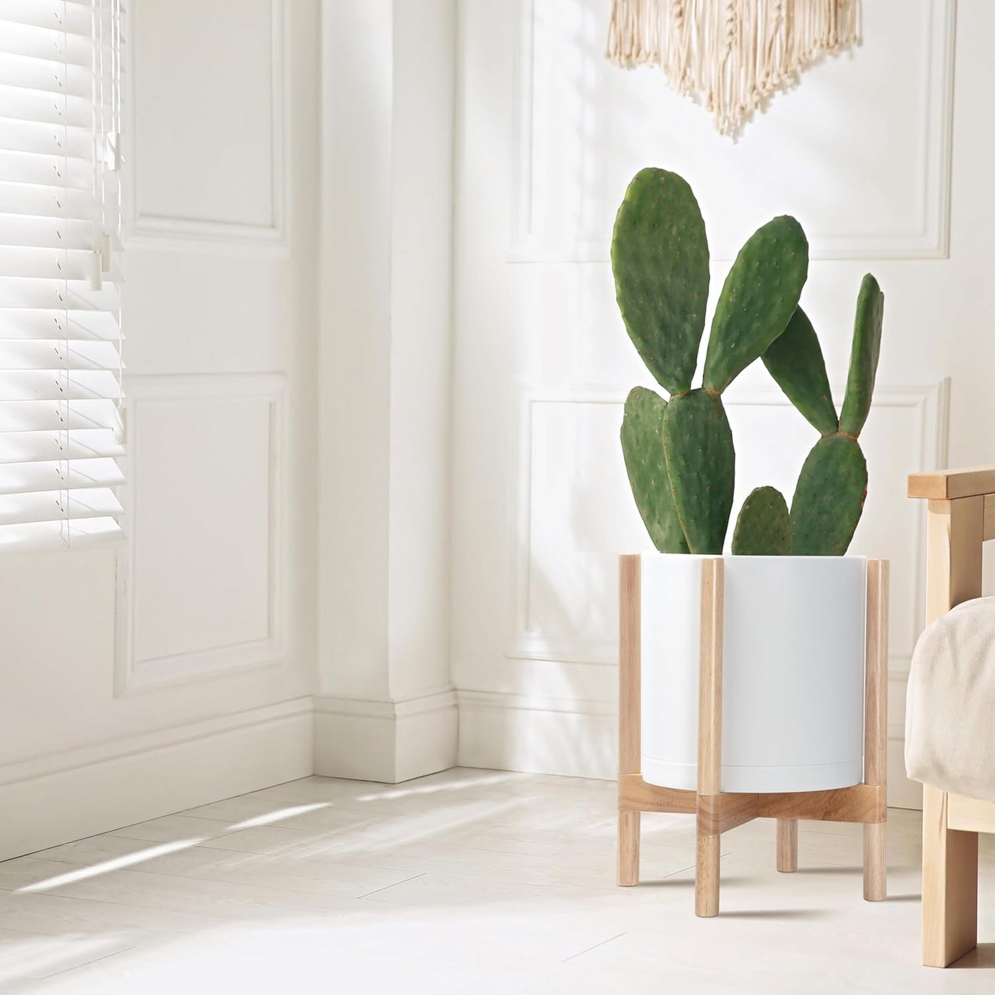 D'vine Dev Planter Pot with Stand - 12 Inch Plastic Cylinder Flower Pot with Wood Planter Holder for Indoor, Matte White Pot + Natural Stand, 55-C-P-1