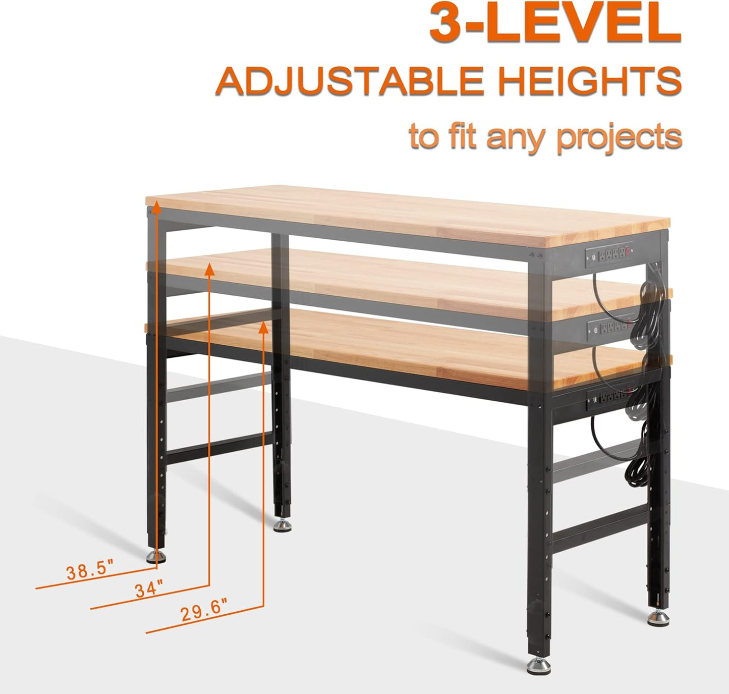 Haddockway Adjustable Workbench for Garage, 60" x 22" Rubber Wood Top Worktable with Power Outlets, Max 2000 Lbs Load Capacity Heavy Duty Workstation for Workshop Office Home (Black Frame, 60in)