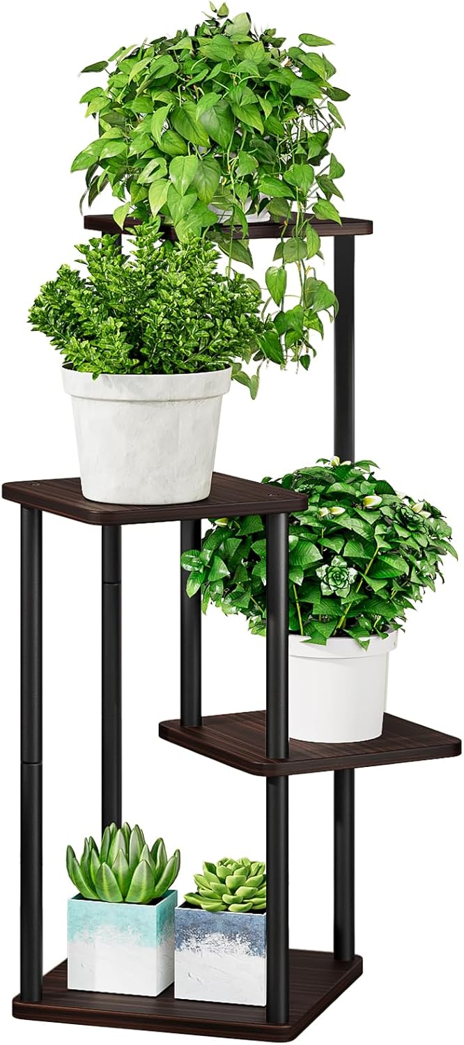 AZERPIAN Plant Stand 4 Tier Indoor Metal Flower Shelf for Multiple Plants Corner Tall Flower Holders for Patio Garden Living Room Balcony Bedroom, Black oak