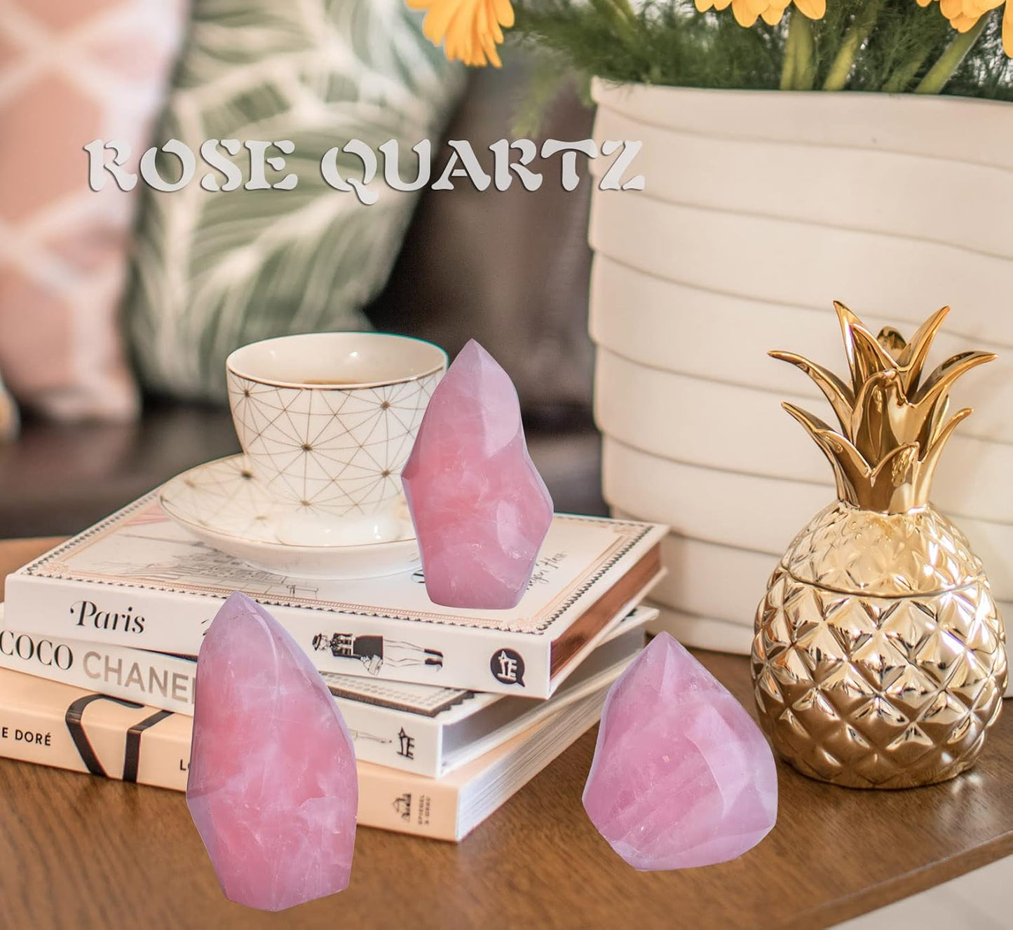AMOYSTONE Large Rose Quartz Flame Shaped Stone Real Rose Quartz Healing Crystal Tower Spiritual Home Decor for Witchy Room 1.5-2.2LB