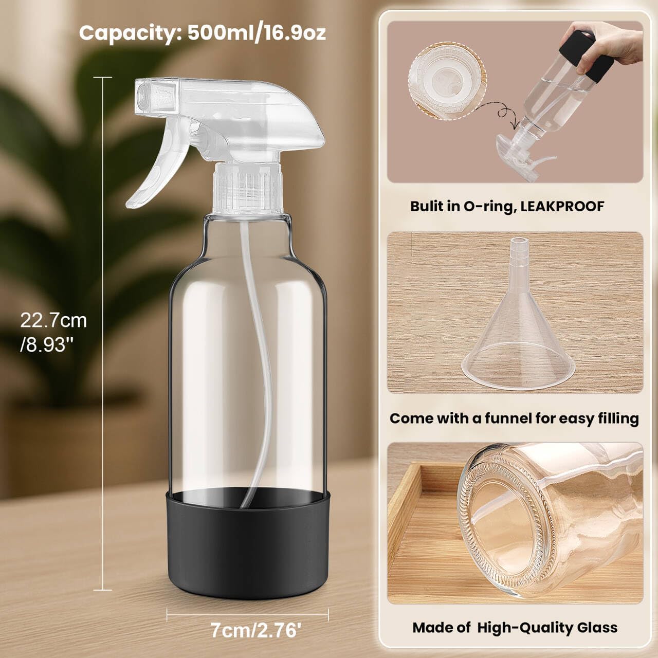 Glass Spray Bottles with Silicone Sleeve 16.9oz 2 Pack Empty Spray Bottle for Hair Mist/Stream Spraying for Cleaning Solutions, Plants, Essential Oils (clear-grey&black)