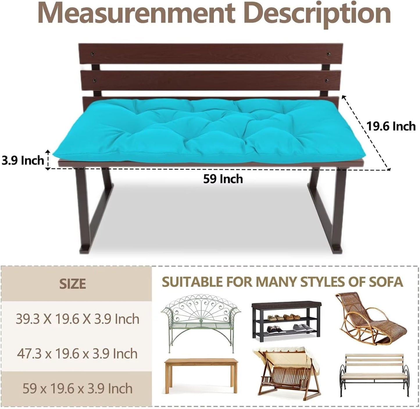 Waterproof Indoor/Outdoor Garden Bench Seat Cushions,Thicken Patio Bench Soft Rocking Chairs Pad Lounger Seat for Wicker Loveseat Settee（59 X 19.6 in，Turquoise