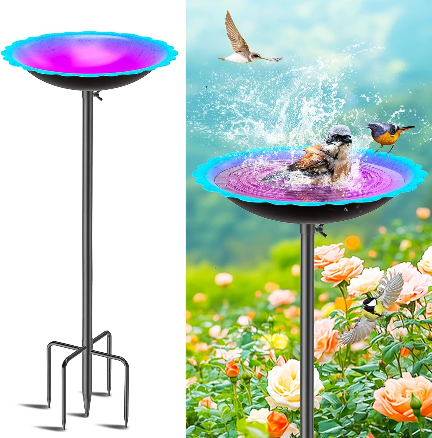 MeyRoliz Metal Bird Bath for Outside, Detachable Birdbath Birdfeeder Bowl, Freestanding Birdfeeders Bird Bath Bowl for Garden (Blue-Purple)