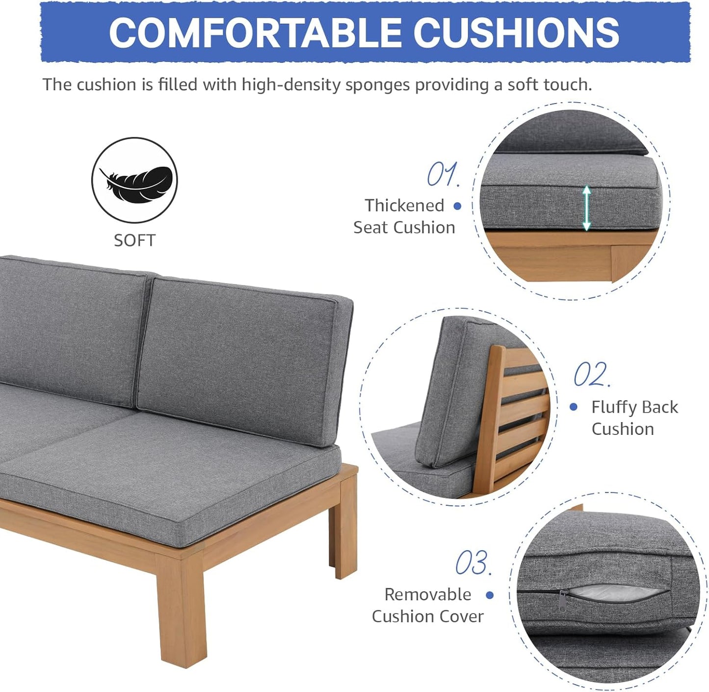 SUNSITT 4 Piece Acacia Wood Patio Furniture Outdoor Sectional Sofa Set with Adjustable Armrest, FSC Certified L-Shaped Patio Set w/2-in-1 Coffee Table, Grey Cushions