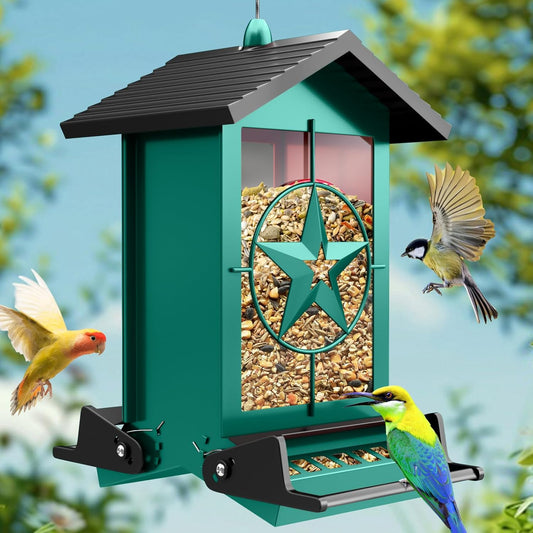 Squirrel Proof Bird Feeder for Outdoors Hanging, Metal Wild Bird Seed Feeder with Bilateral Weight-Activated Perches, 5LB Large Capacity Wild Bird Feeders for Outside Finch, Cardinal, Blue Jay