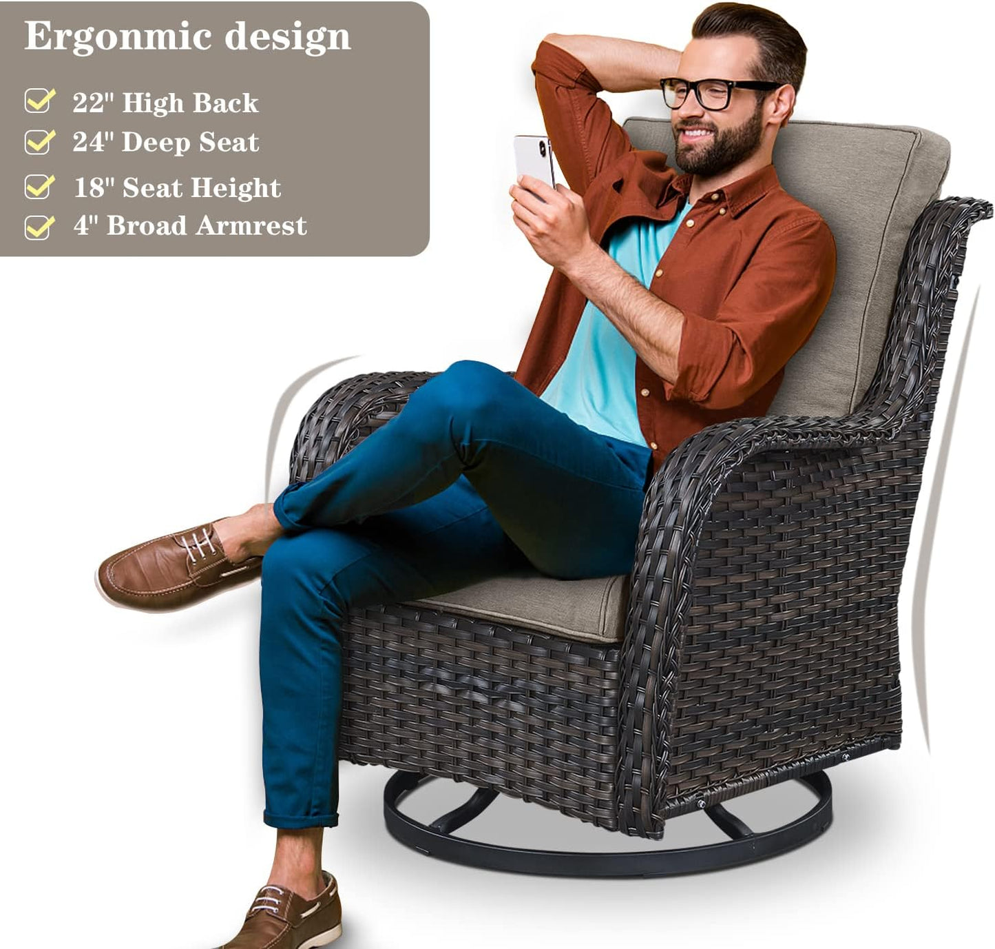 5 Pieces Patio Wicker Furniture Set - 4 Outdoor Swivel Rocker Glider Chairs with Propane Fire Pit Table, Warm Patio Conversation Set Grey Cushion Perfect for Casual Gathering