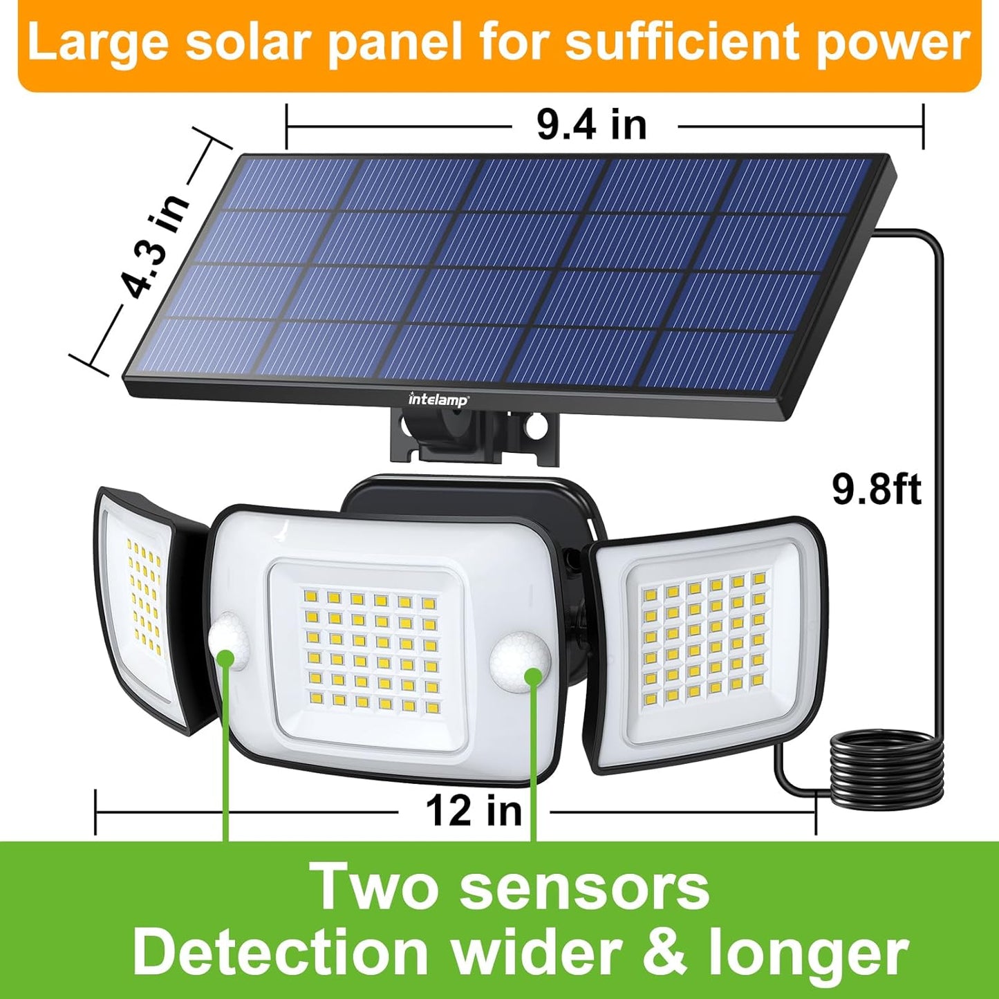intelamp Solar Flood Lights Outdoor Waterproof, 6000mAh 1200LM Solar Powered Dual Motion Sensor LED Lighting Dusk to Dawn Security Floodlight Exterior with Remote 9.8ft Cable for Outside Garden House