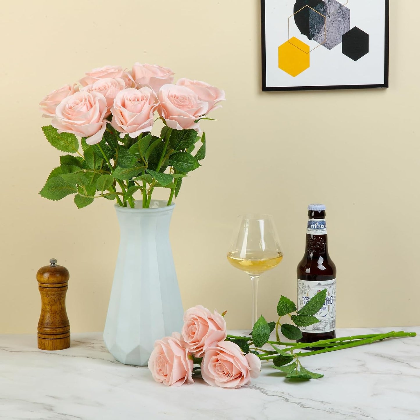 12pcs Blush Roses Artificial Flowers Fake Roses Silk Flowers Roses with Long Stems for Wedding Home Party Centerpieces Decorations