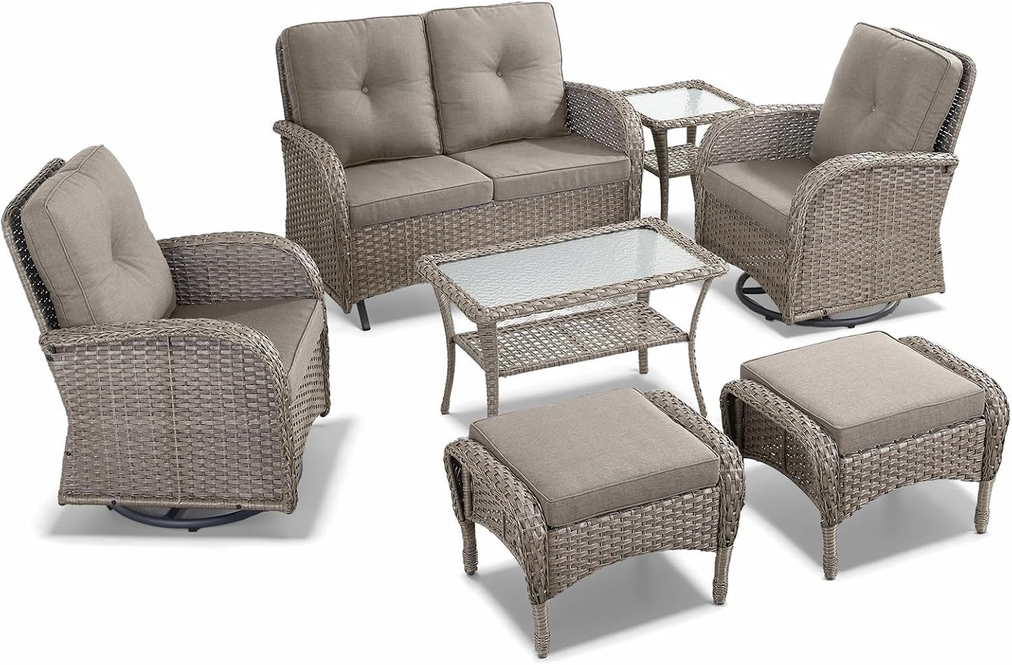 HUMMUH 7 Pieces Wicker Patio Conversation Set Outdoor Glider Loveseat with Patio Swivel Rocking Chairs Outdoor Patio Set for Deck Lawn Porch Balcony Poolside-Grey/Grey