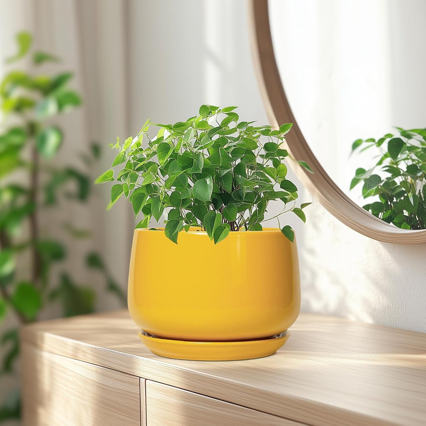 G EPGardening Ceramic Pots for Plants - 7 Inch Plant Pot with Drainage Hole and Saucer, Modern Ceramic Planter for Indoor Outdoor, Round Flower Planter, Gifts for Plants Lovers, Home Decor, Yellow