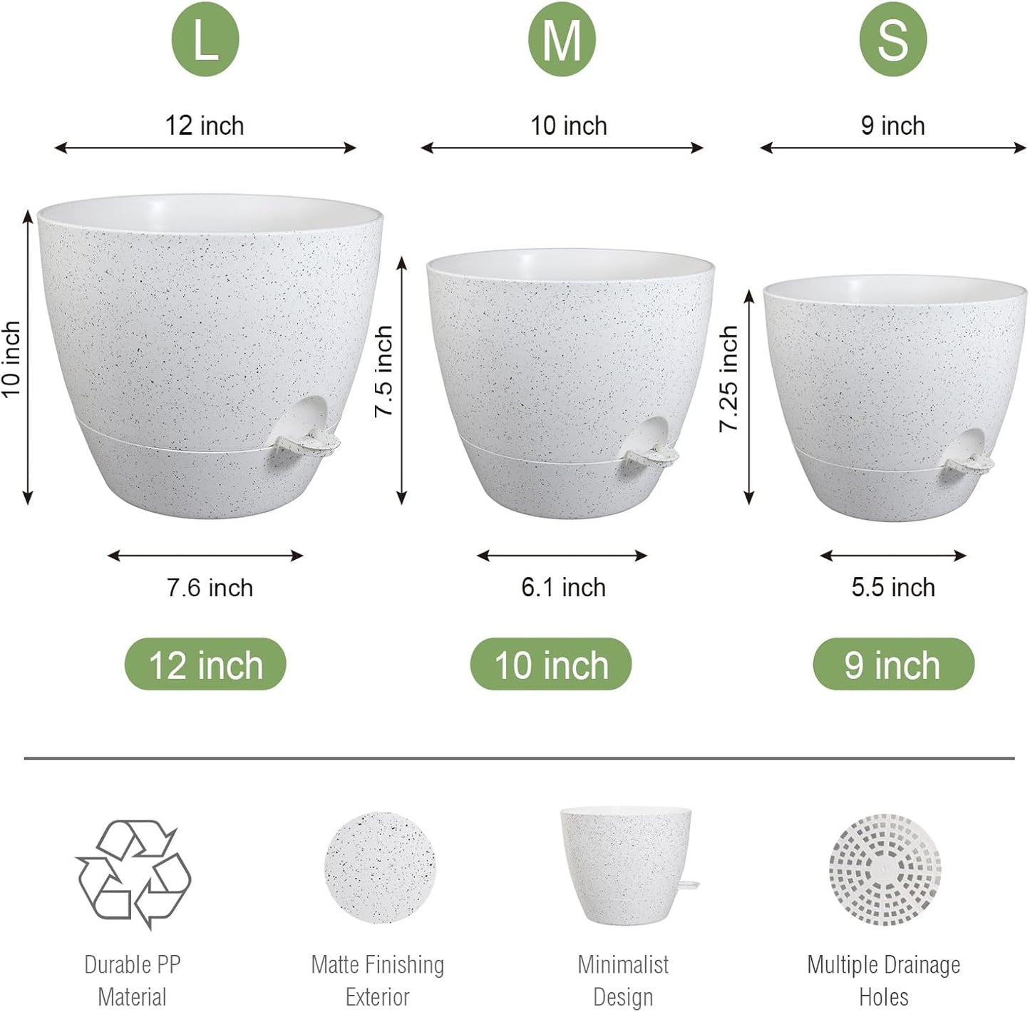Large Self Watering Pots, 12/10/9 Plastic Planters with High Drainage Holes and Deep Reservoir for Indoor Outdoor Garden Plants and Flowers, White Speckles