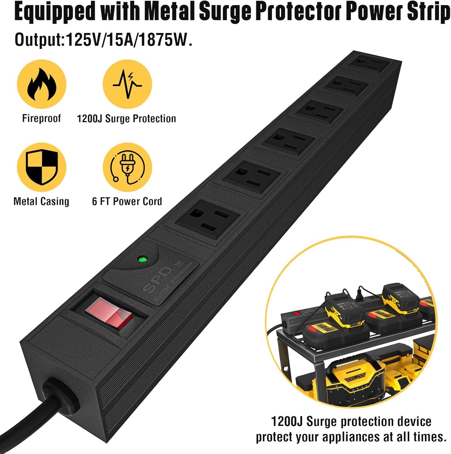 YYR Heavy Duty Power Tool Organizer with Charging Station, Cordless Drill Hanger Storage Rack, Battery Tools Holder Wall Mount Shelf for Garage - 32 Inch Equipped with Surge Protection Power Strip