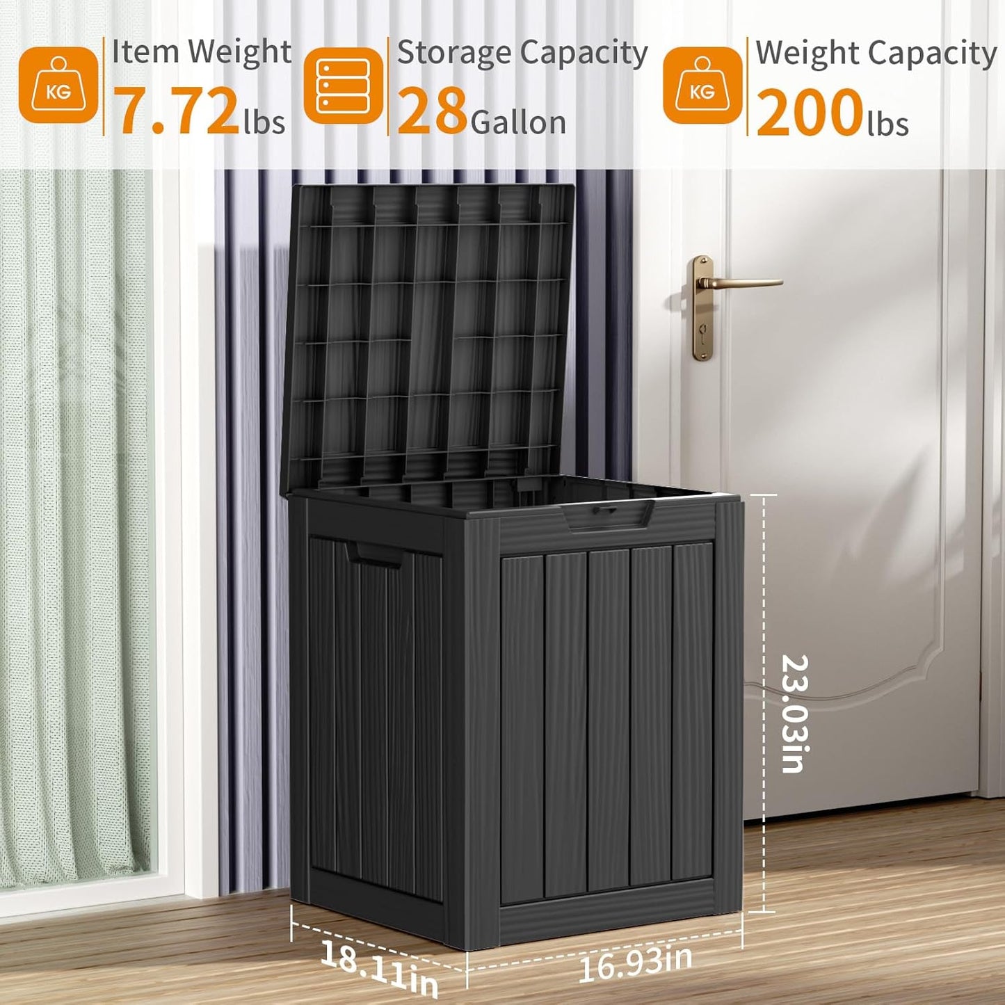 28 Gallon Resin Deck Box, Lockable Patio Outdoor Storage Box for Furniture, Garden Tools and Tools Storage, Waterproof Outside Storage Boxes - Black