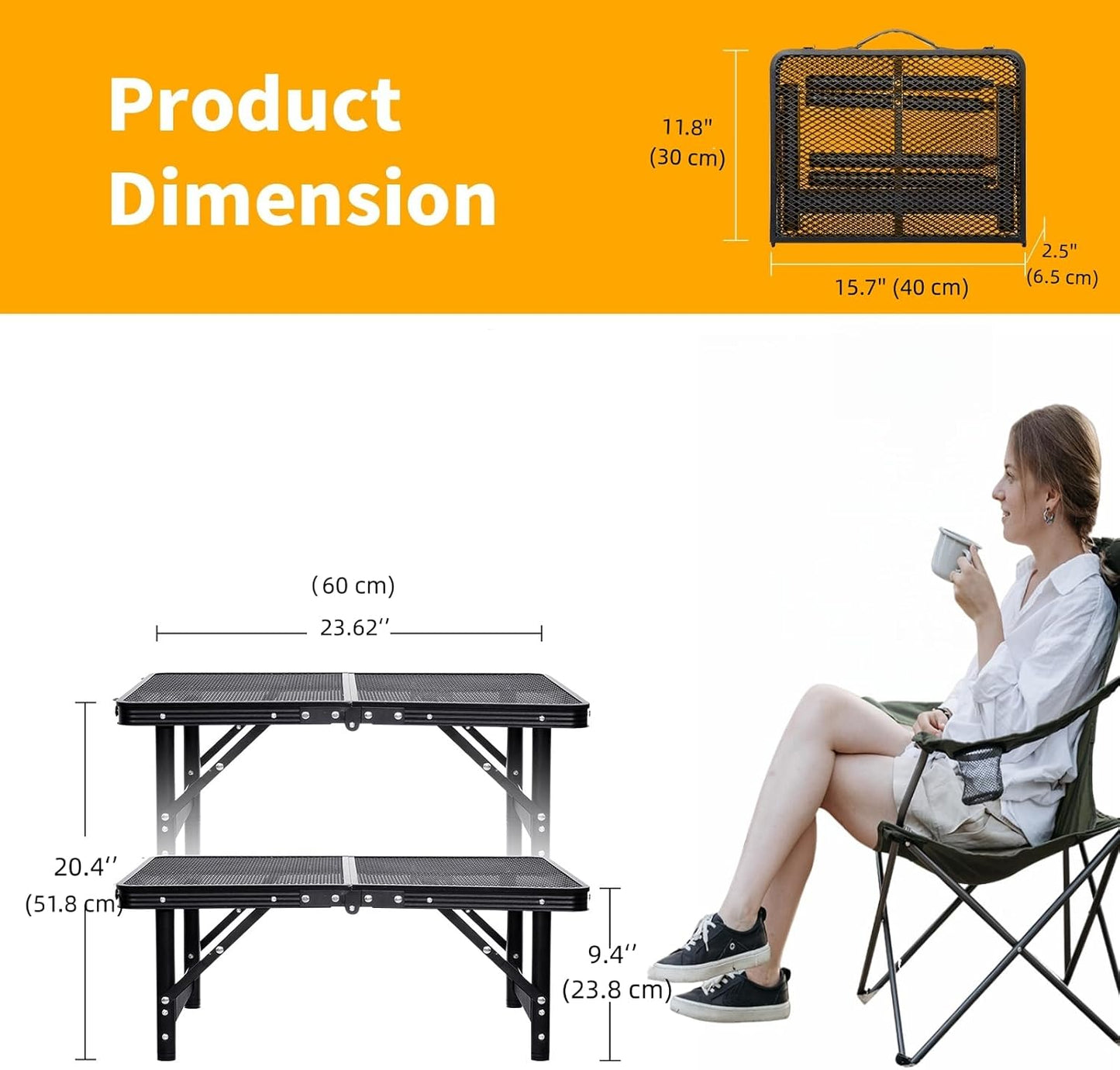 Small Folding Table 2FT Grill Table Foldable Camping Table Picnic Portable Mesh 2 Height Adjustable Outdoor Beach BBQ Black 23.6×15.7× 9.4/20.4inch